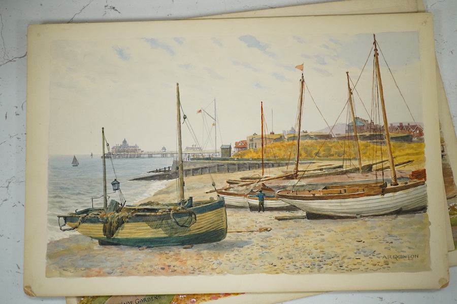 Alfred Robert Quinton (1853-1934), three original watercolours for postcard designs, to include 'Miniature golf course, Kings Road, Brighton’ and ‘New Promenade Gardens, Brighton and Hove’, each signed, 19 x 30cm, unfram